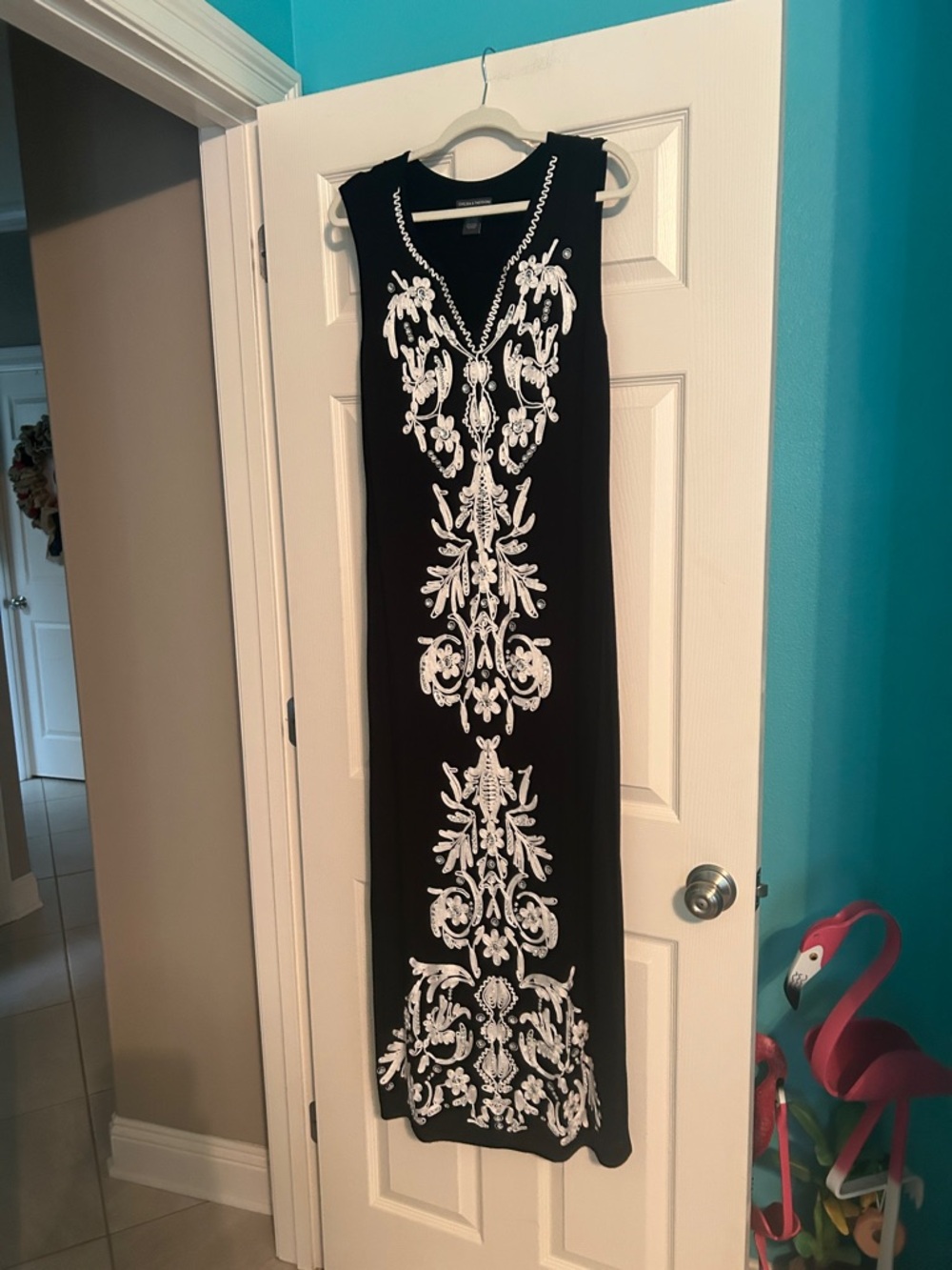 Chelsea & Theodore Black Maxi Dress with White Embroidered Front